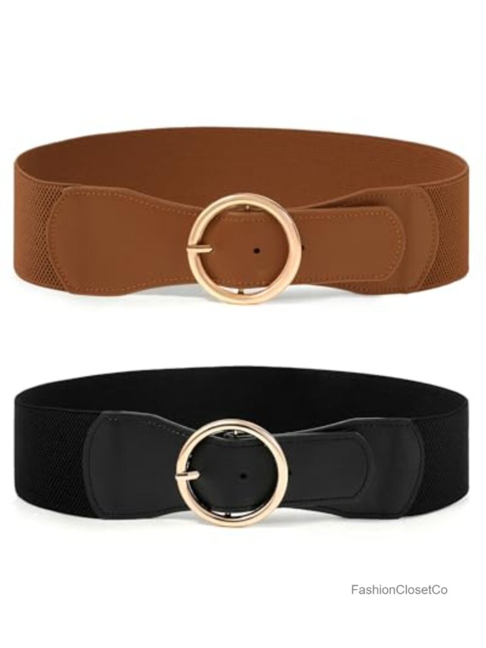 2 Pack Stretchy Waist Belt for Women, PU Leather Vintage Chunky Buckle,